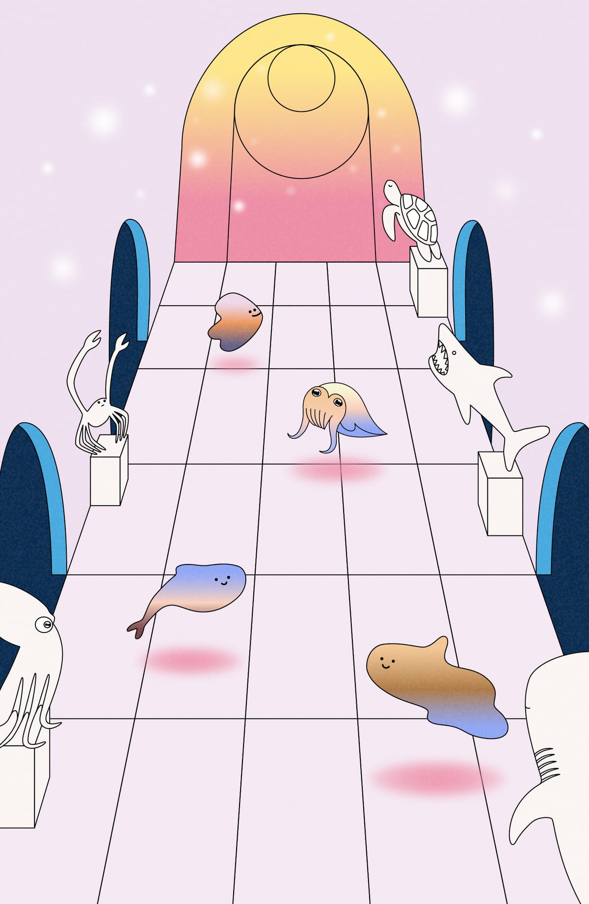 Chapter illustration for 'The Abyss', shows Rumi the cuttlefish, as well as some other blobby fish swimming around in a pink hallway.