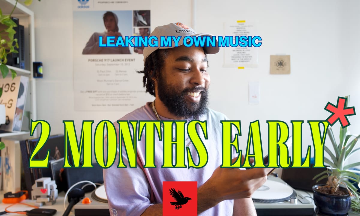 A photo of Paul Chin in his studio, looking at his phone. The text superimposed above reads "Leaking my own music 2 months early*"