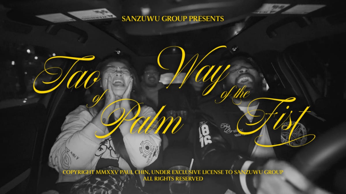 Title card for TAO OF PALM and WAY OF THE FIST. The titles are in yellow script over a black & white photo of friends in the car, singing loudly.