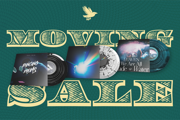 A graphic of three vinyl records, with the words "Moving Sale" superimposed behind them