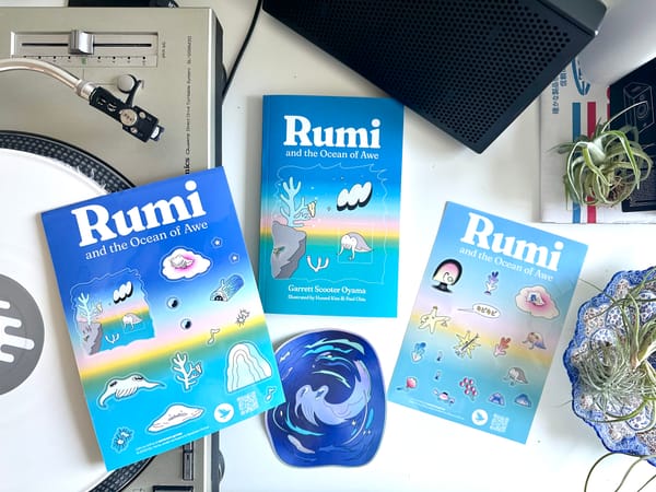 A top-down photo of all the new Rumi stickers, alongside a copy of the book. Set alongside a Technics SL-1200, a speaker monitor, and some air plants.