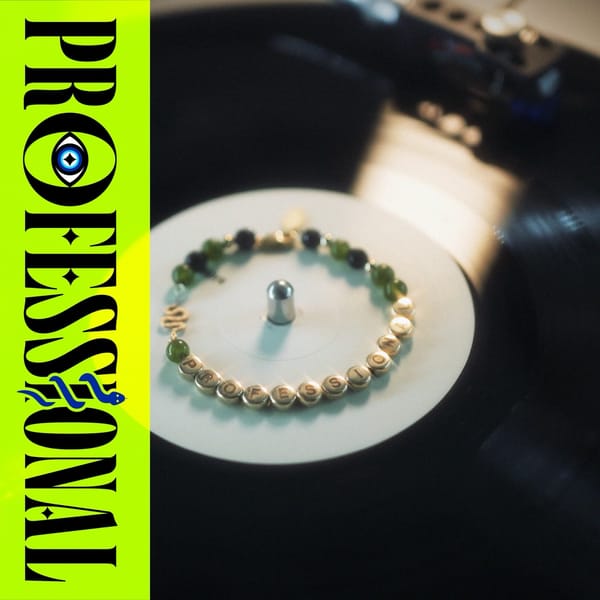The album art for PROFESSIONAL. An "unfriendship" bracelet with gold beads sits in the centre of a record. A chartreuse obi strip runs along the side with the title.