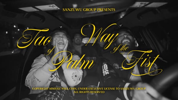 Title card for TAO OF PALM and WAY OF THE FIST. The titles are in yellow script over a black & white photo of friends in the car, singing loudly.