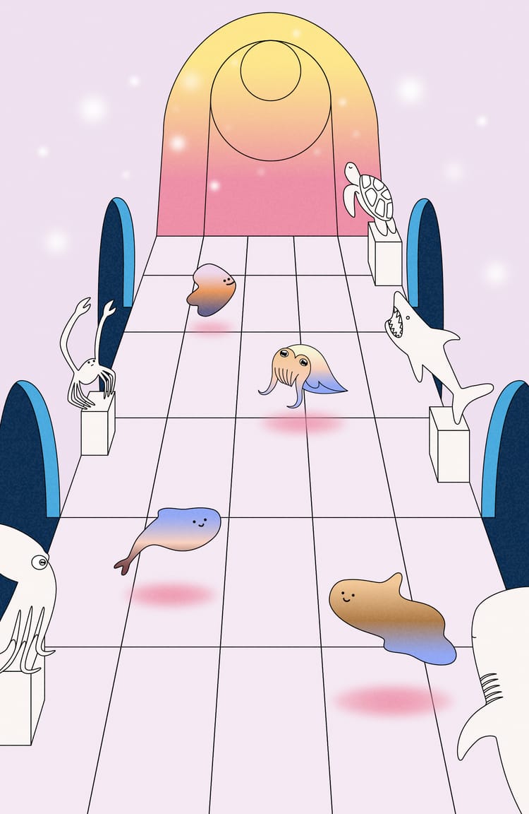 Chapter illustration for 'The Abyss', shows Rumi the cuttlefish, as well as some other blobby fish swimming around in a pink hallway.